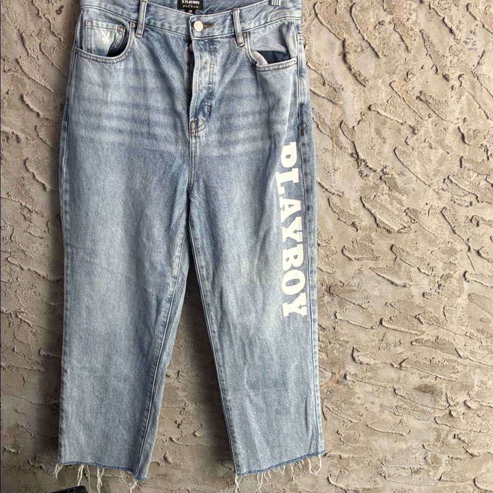 Playboy VTG Style PacSun Baggy Light Blue Grunge  Flare Distressed Wide Leg 28